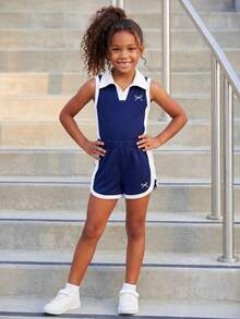 女童休闲两件套，无袖V领上衣+短裤，藏蓝色上衣饰有白色蝴蝶结，松紧腰短裤配有白色抽绳，舒适休闲风格，适合日常穿着，春夏皆宜。 - 藏蓝色 - 查看 4