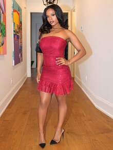 Steph T 女式时尚性感亮片系带露背抹胸迷你连衣裙 - 酒紅色 - 查看 4