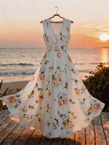 EMERY ROSE Women's Summer New Vacation Floral Print Asymmetric Neck Dress - White - View 5