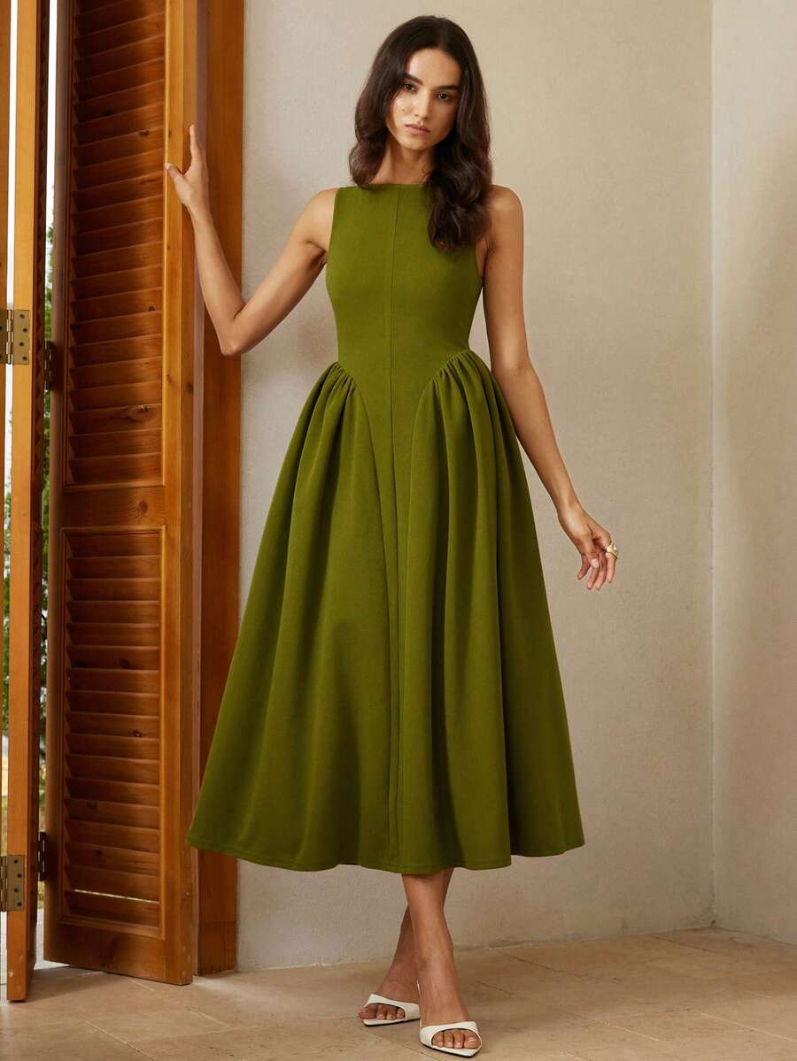 Aveloria Rosie French Retro Minimalist Generous Elegant Elegant Women's Daily Commute Off Shoulder Waist Cinching Pleated Flared Dress, Sleeveless - Army Green - View 1