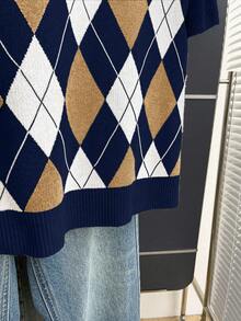 Franclia New Arrival Spring/Summer Retro College Style Colorblock Plaid Knit Pullover Sweater For Women - Navy Blue - View 7
