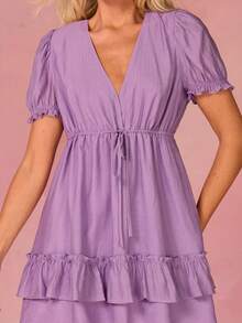 Athîral 女士纯色深V领扭结褶皱时尚约会派对迷你连衣裙 - 紫色 - 查看 5