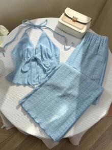 Elamini Petite Bộ đồ 2 món gồm áo hai dây và quần ống đứng dáng rộng bằng vải jacquard dành cho nữ, thích hợp cho mùa xuân/hè. - Màu xanh lam - Xem 4