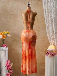 Femesol Bộ bikini dài kiểu dáng nghỉ dưỡng đảo nhiệt đới mới, bộ 2 mảnh ôm sát gợi cảm dành cho nữ, họa tiết hoa màu cam. - Nhiều màu - Xem 2