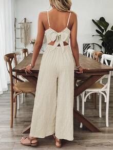 Breezaya Jumpsuit Wanita Model V-Neck Tanpa Punggung dengan Tali Pita, Merah Mawar, Musim Semi/Panas - Aprikot - View 2
