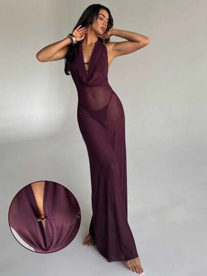 Aloruh Women's Holiday Outfit - Solid Dark Purple Plunge Neckline Backless Dress, Elegant Halter Backless Beachwear For Ladies Beach Outfits For Woman Swim Coverup Women Swimsuit Cover Up Bathing Suit Cover Up Playa Beach Cover Up Women Beach Outfits For Woman Beach Dress Country Concert Outfit, Tulle Wraps, Festival Beach Outfits For Women Beach Cover Up Women's Beach Cover-Up Women's Beachwear Beach Cover Ups For Women