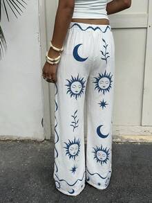 Aloruh 度假印花弹力腰直筒休闲裤阔腿裤女高腰夏季裤女夏季套装女度假套装女沙滩装，蓝白印花长裤 - 藍白色 - 查看 3