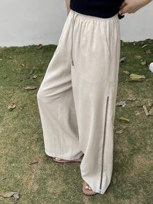 DAZY Women's Solid Color Patchwork Hollow Floral Lace Loose Wide Leg Pants, Casual Vacation Summer Trousers - Apricot - View 4