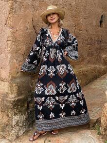 DAZY Floral Print Loose V-Neck Dress, Elegant Vacation Summer Long Dress For Women Sundress Boho - Black - View 5