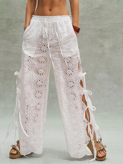 Bohemela Women's Casual Solid Color Woven Loose Wide Leg Pants