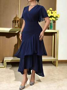Modelyn Plus Size Women V-Neck Ruffle Patchwork Elegant Waist Cinched Party Dress - Navy Blue - View 5