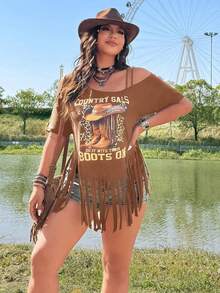 Sunnyshic Plus Size Women's Off-Shoulder Fringe Print T-Shirt, Casual Festival, Boho, Hippie, Cowgirl, Old Money Style - Mocha Brown - View 3
