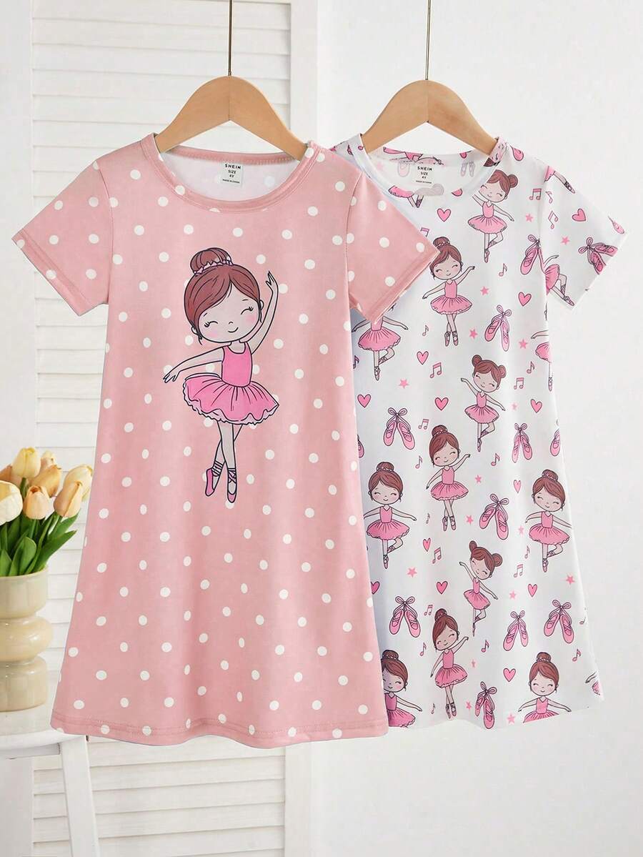 Genkimix Kids Bộ 2 món đồ ngủ ngắn tay dài tay in hình cừu hoạt hình dễ thương tối giản cho bé gái, màu hồng và xám. - Hồng - Xem 1