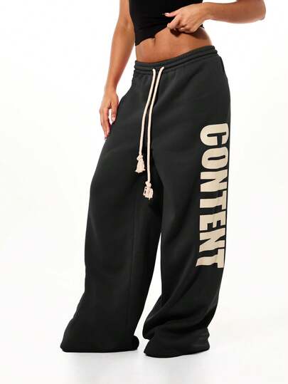 SUMWON WOMEN Oversized Wide Leg Joggers With Drawstring Waist And Side Text Graphics For Casual Streetwear Comfort