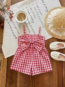 SHEIN LMoss Kids 女宝宝可爱休闲夏季红白格子蝴蝶结装饰连体衣 - 紅色 - 查看 3