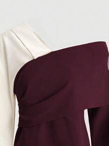 Franclia 2pcs/Set V-Neck Contrast Color Patchwork Top And Straight Leg Pants, Casual Autumn/Winter - Burgundy - View 3