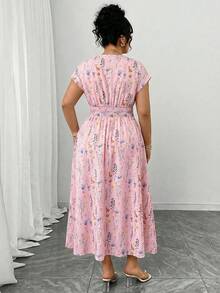 Elenzga 大尺碼女款 V 領春夏花卉印花小飛袖 A 字優雅洋裝 - 彩色 - 查看 2