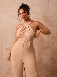 Veslaya Women's Plus Size Sleeveless Halter Neck Jumpsuit, Tie Dye Elegant Summer Long Wide Leg Jumpsuits For Wedding Guest, Parties, Beach & Vacation - Apricot - View 6