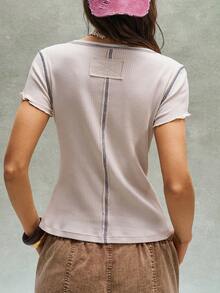 Bohemela Casual Solid Color Knit Fitted Short Sleeve T-Shirt For Women,Summer Top - Apricot - View 6
