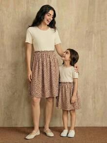 SHEIN Knit Contrast Mesh Leopard Print Girls (Toddler) Dress - Apricot - View 4