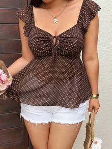 Sunnyshic Blusa Elegante e Fofa com Estampa de Poá Retrô, Gola Quadrada, Manga Bufante, Laço com Cordão, Plissado em Linha A, na Cor Café, para Mulheres Plus Size - Café - Visão 7
