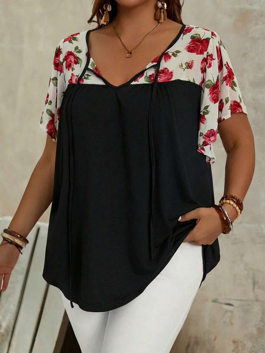 EMERY ROSE Áo kiểu nữ cỡ lớn mùa hè in hoa, cổ chữ V, tay ngắn, bèo nhún, dáng rộng, kiểu "mẹ bỉm sữa" - Màu be - Xem 1