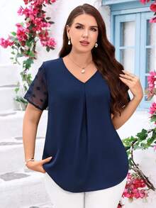 EMERY ROSE 大码V领褶皱夏季短袖休闲纯色上衣，乡村休闲度假风女装，简约时尚日常穿着，夏季女式上衣，夏季女装 - 藏蓝色 - 查看 3