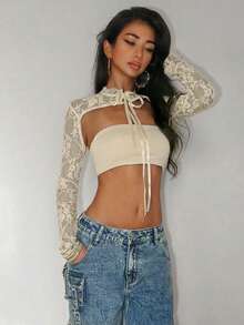 Jeanoix 女士蕾丝面料性感大胆前卫衬衫 - 杏色 - 查看 6