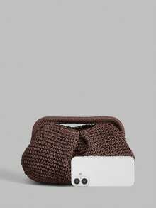 Ontre Stylish Handmade Brown Straw Pleated Cloud Bag Clutch Bag, Suitable For Vacation, Travel - Coffee - View 4