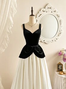 Vintamour Women's Elegant Velvet & Satin Patchwork White And Black Long Dress,Vintage Autumn Formal Party Dresses For Wedding Guest,Graduation & Mother's Day - Black and White - View 6