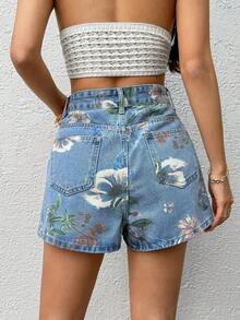 SHEIN ICON 女款花卉圖案口袋休閒寬鬆牛仔裙褲 - 淺色水洗藍 - 查看 3