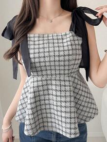 FRIFUL Women's Solid Color Textured Fabric Shoulder Tie Bow Layered Waist Cinched Slim Fit Versatile Camisole, Autumn/Winter - Black - View 6