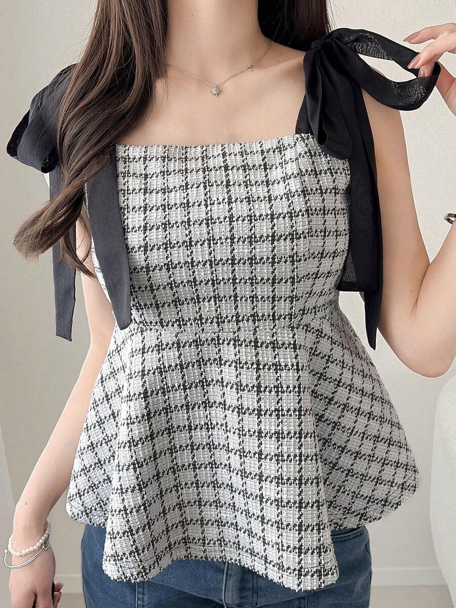 FRIFUL Women's Solid Color Textured Fabric Shoulder Tie Bow Layered Waist Cinched Slim Fit Versatile Camisole, Autumn/Winter - Black - View 1