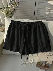 Comfortcana Black Casual Loose Drawstring Solid Color Comfortable Plus Size Shorts, Spring/Summer - Black - View 6