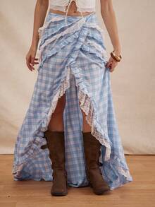 Easelle 波西米亚音乐节蕾丝拼接高低摆飘逸性感女裙 - 藍色 - 查看 5