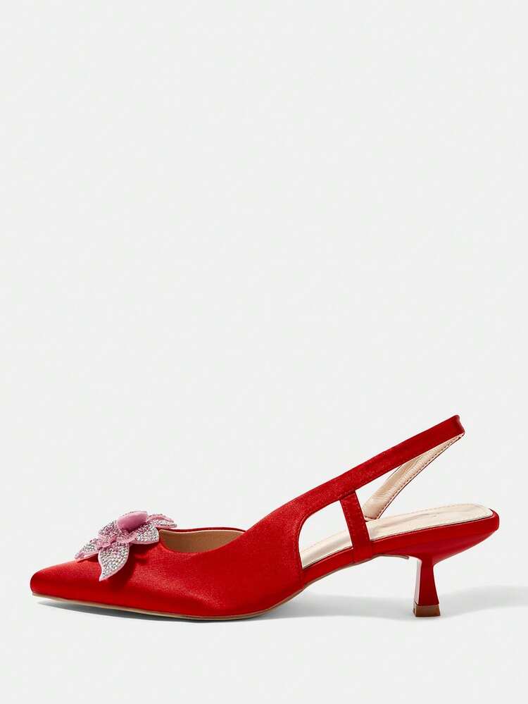 CUCCOO HITCHD Women's High Heel Pumps, Elegant & Graceful Pointed Toe, Pink Crystal Floral Decor, Red Satin Wedding Bridal Shoes, Bridesmaid Shoes, Party Event Open Toe Heels