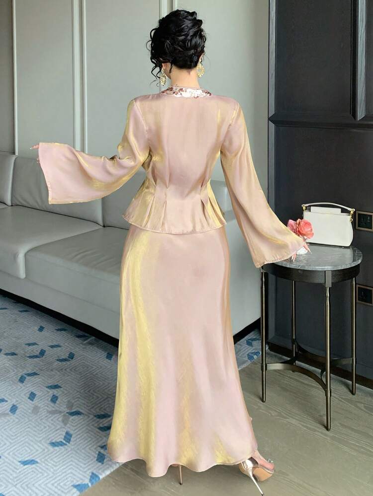 Women's Spring/Summer Party Dress, Sequin V-Neck Decor Long Sleeve Top And Loose Long Skirt 2-Piece Set