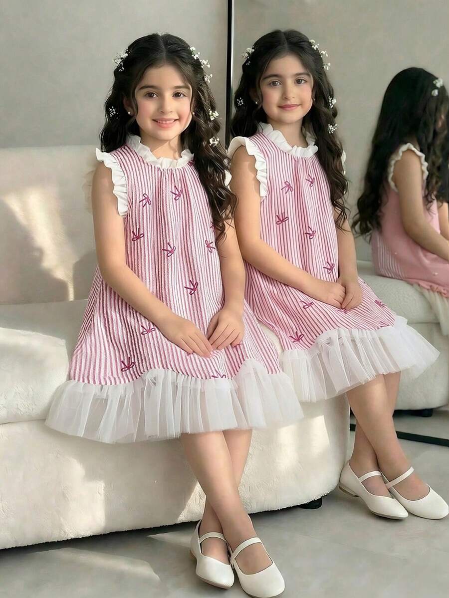 SHEIN 新款夏季女童连衣裙，优雅单件设计，荷叶边领口，无袖撞色网纱裙摆，公主风连衣裙，适合日常穿着、派对、旅行等场合。 - 粉色 - 查看 1