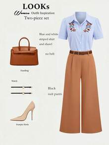 Franclia Women's Summer French Elegant Commuter Minimalist Turndown Collar Short Sleeve Embroidered Blue & White Striped Cardigan Shirt And High Waist Straight Khaki Pants Casual Stylish 2-Piece Set - Multicolor - View 1