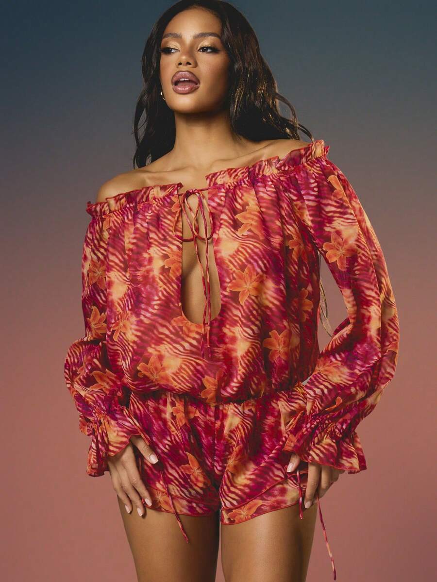 MISSGUIDED Bộ jumpsuit nữ kiểu Bardot trễ vai với đường cắt xẻ táo bạo phía trước và tay áo raglan rộng. - Nhiều màu - Xem 1