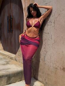 Swim Oasis 女士夏季沙滩纯色吊带系带性感比基尼泳装套装（含裙子） - 酒紅色 - 查看 1