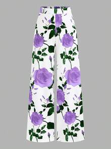 SHEIN Elenzya Quần dài cạp cao cỡ lớn in họa tiết hoa, kiểu dáng tối giản, thích hợp mặc hàng ngày, dịp Lễ Tình nhân. - Nhiều màu - Xem 1