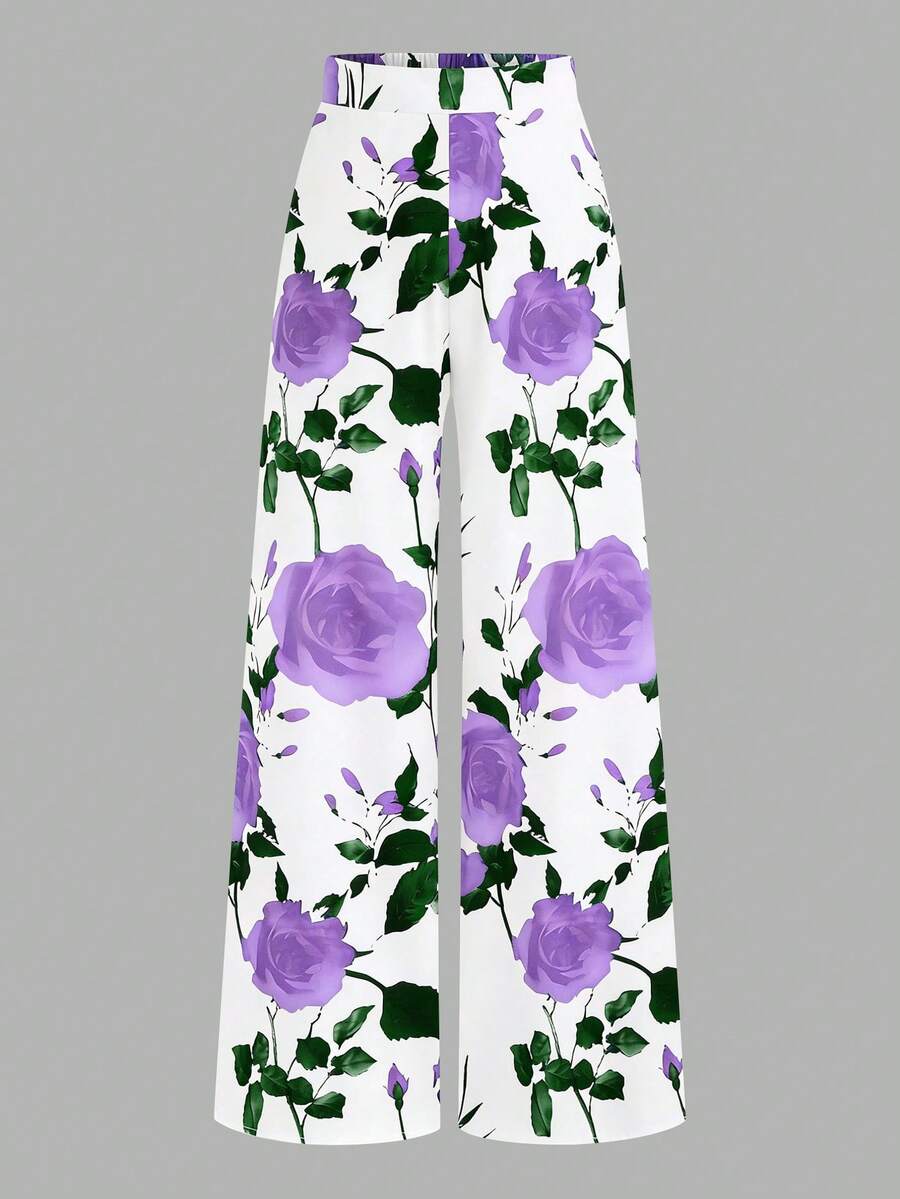 SHEIN Elenzya Quần dài cạp cao cỡ lớn in họa tiết hoa, kiểu dáng tối giản, thích hợp mặc hàng ngày, dịp Lễ Tình nhân. - Nhiều màu - Xem 1