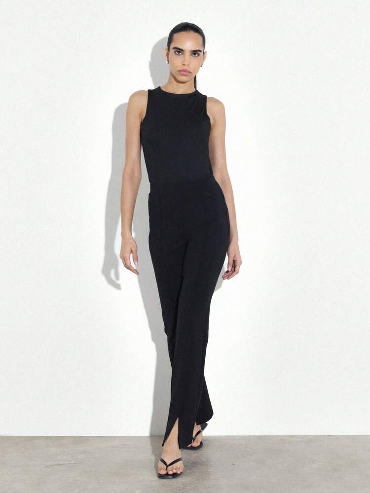 KSTM Women's Black Flared Trousers With Front Slit High Rise Wide Leg Pants Bottom Fall Winter Elegant Evening Formal Occasion Wear