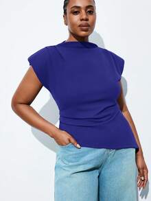 Maija 大码女式纯色立领褶皱不对称下摆背心，女士夏季穿搭，蓝色上衣，带垫肩，现代女式上衣，休闲现代衬衫 - 藍色 - 查看 4