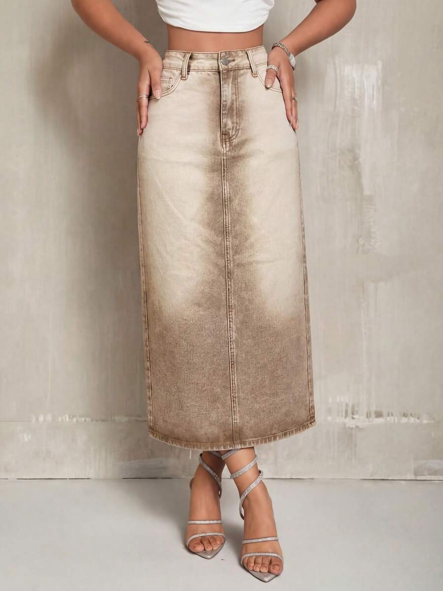 SHEIN ICON Women's High Waist Pocketed Casual Straight Denim Skirt - Khaki - View 1