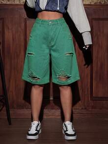 SHEIN ICON Women's Pocket Button Distressed Casual Versatile Daily Wear Denim Shorts - Green - View 4