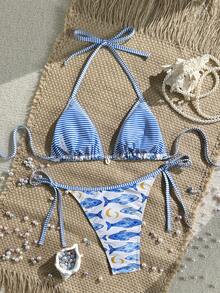 Swim Vcay 2件套 新款春夏海洋印花细肩带露背系带性感甜美可爱女士夏季沙滩比基尼泳装 - 藍色 - 查看 3