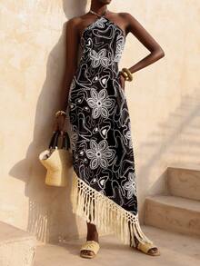 Vesra Vestido de mujer con estampado floral de vacaciones, cuello halter, cintura asimétrica con flecos y empalmes de colores contrastantes - Blanco y Negro - Ver 5