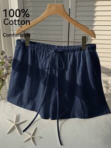 Comfortcana Plus Size Casual Loose Drawstring Solid Color Comfortable Shorts, Spring/Summer - Navy Blue - View 3